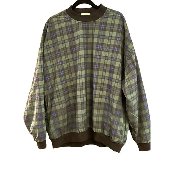 Izod Green Blue Plaid Nylon Pullover Jacket Golf Transitional Weather Crew Neck - Picture 1 of 4